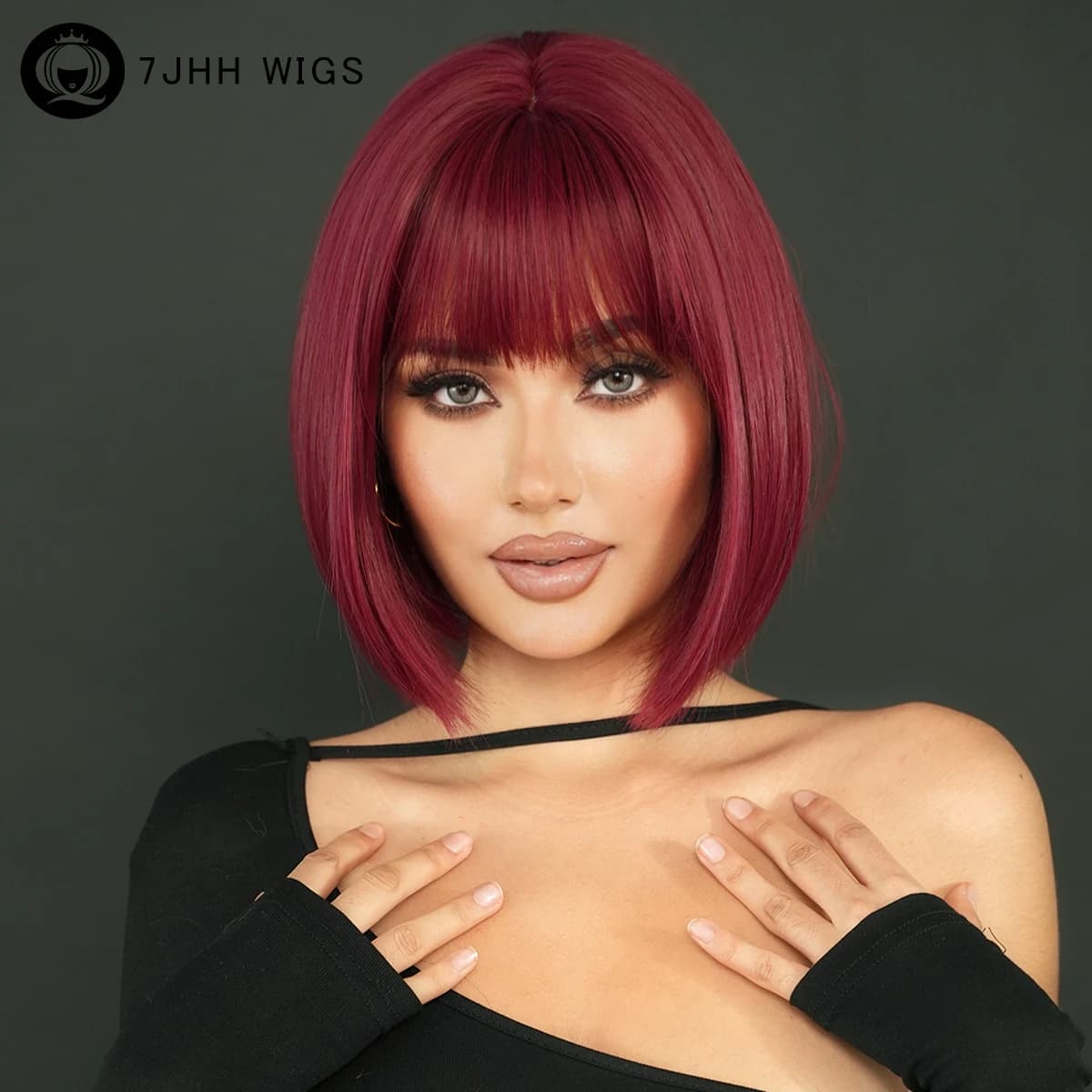 7JHH WIGS High Density Short Straight Wine Red Bob Wig for Women Heat Resistant Synthetic Layered Hair Wigs with Neat Bangs
