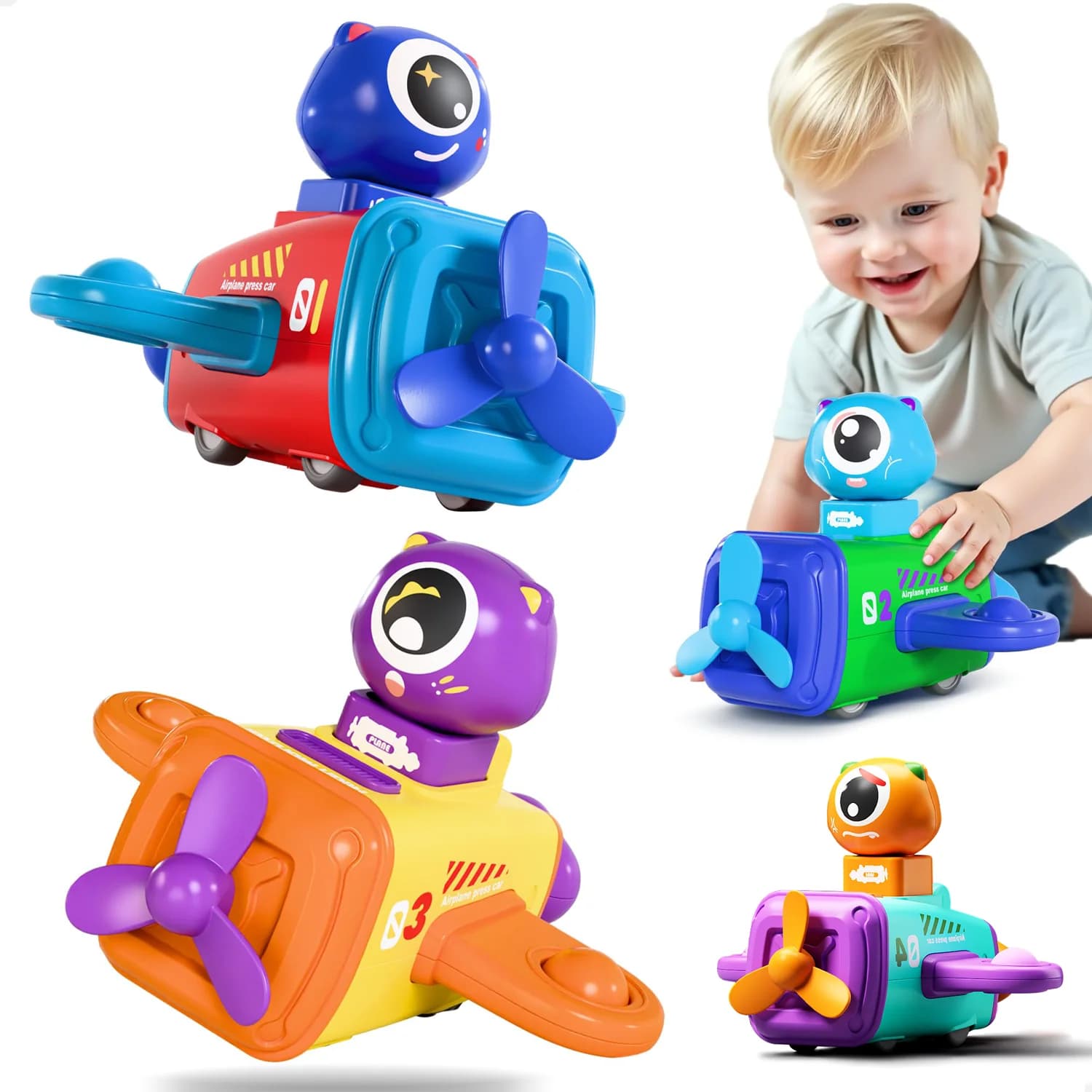 Press to Go Car Toys per 18M+, Macchinine da corsa per aeroplani per bambini, Set di veicoli da gioco push go per neonati, Ragazzi tirano indietro l'auto ad attrito, Compleanno C
