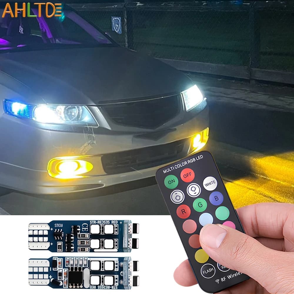2pc T10 W5W 194 RGB Led Bulb 12V Car Parking Daylight License Plates Lamp 10smd Remote Control Brake Turn Signal Clearance Light