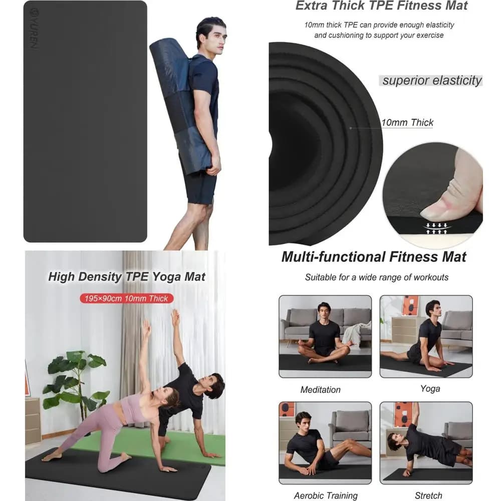 10 mm thick yoga mat with bag for transportation for home and travel - Large and non-slip exercise mat for gym workouts
