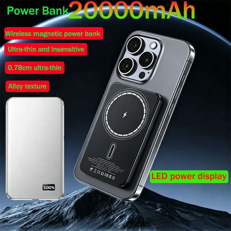 20000mAh ultra-thin alloy power bank, wireless fast charger,magnetic backup battery for iWatch / iPhone 12 13 14 15 Pro Max Mini