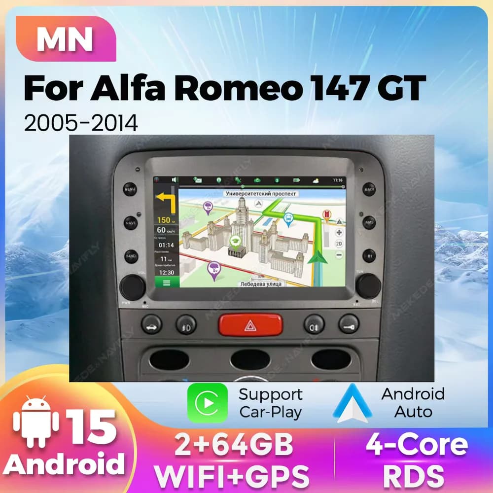 Autoradio Multimediale Android 15 da 7 Pollici con Wireless Carplay e Android Auto per Alfa Romeo 147 GT 2005-2014, Navigatore GPS e WIFI