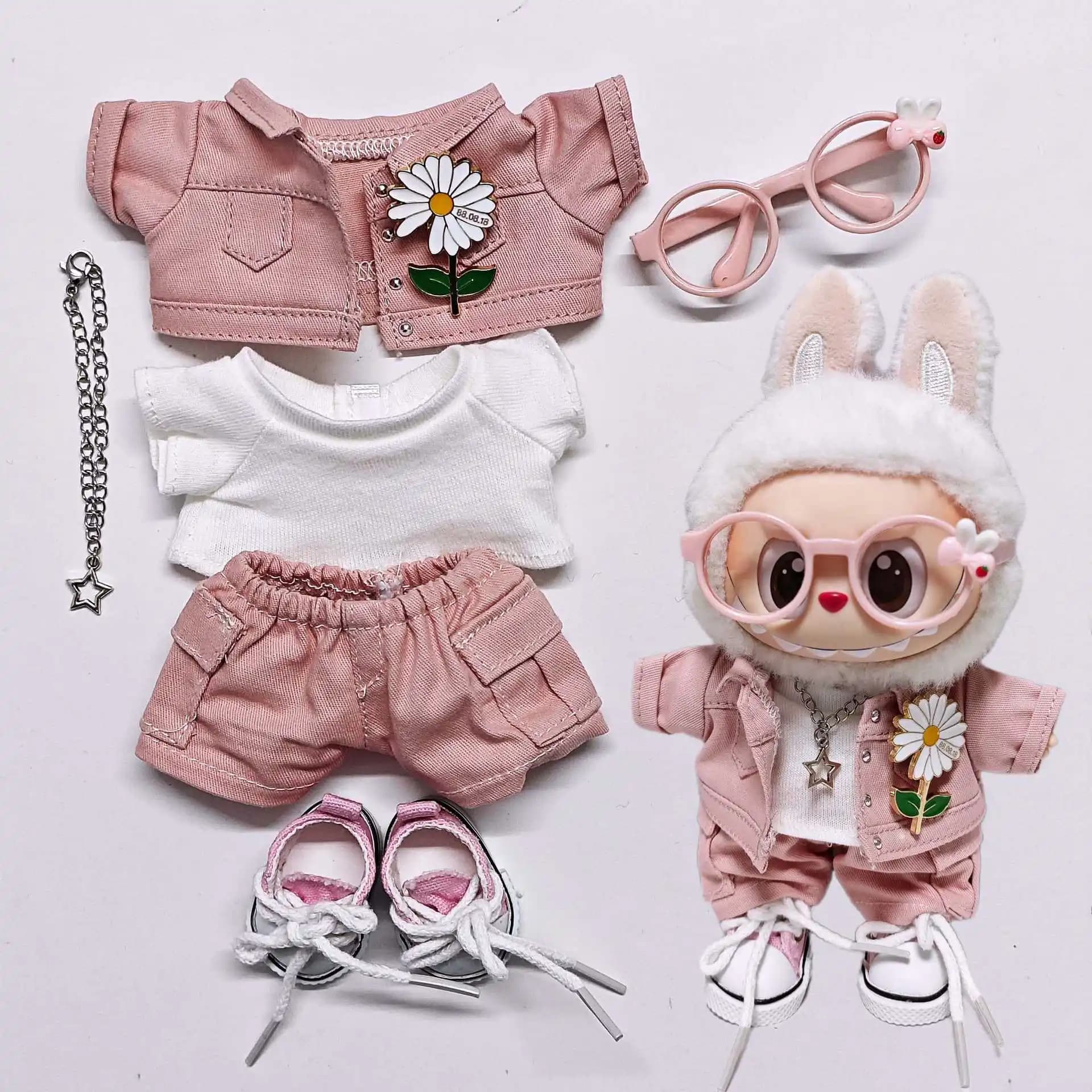 Labubu Giacca di jeans rosa, costume stile hip hop alla moda adatto per bambola Labubu di prima 2a 3a generazione (nessuna bambola inclusa)