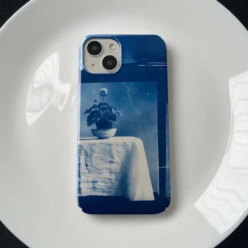 Ins Coreano Blu Arte Vaso Tessuto Cassa Del Telefono per IPhone 16E 15 14 13 12 11 Pro Max XS XR XSMax 7 8 Plus Pellicola Lucida Hard PC copertura