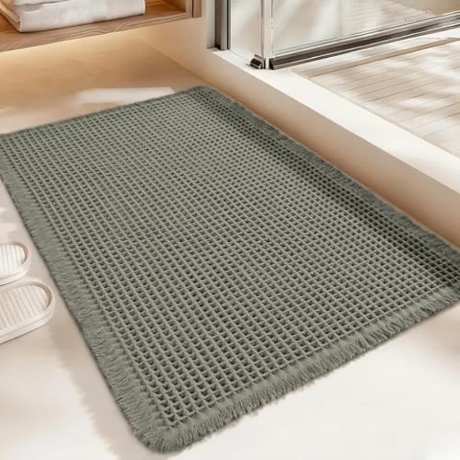 Luxury Waffle Bath Mat, Super Absorbent Non Slip Bathroom Rugs, Boho Ultra Soft Comfort Machine Washable Quick Dry Floor Mats w