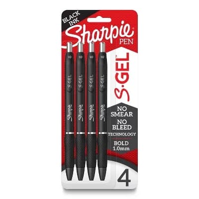 Set di 4 Penne S-Gel Nere Punta Media 1.0mm: Retrattili, Impugnatura Ergonomica in Gomma, Clip da Tasca, Punta Robusta