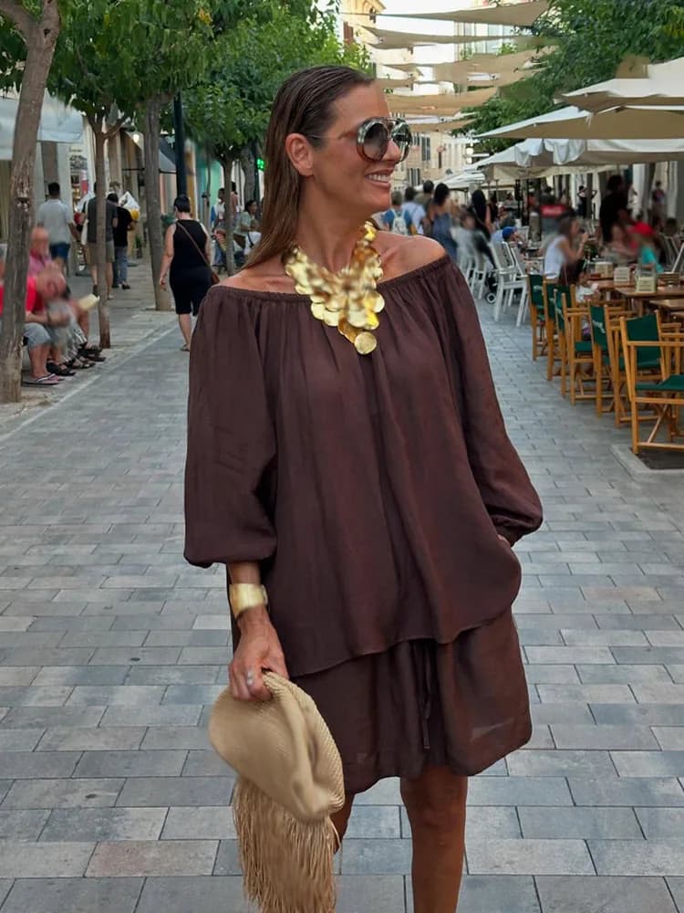 HH Summer Women Fashion Dew Shoulder Long Sleeve Decoration Top+Pockets Elastic Waist Drawstring Solid Mini Short Set Mujer