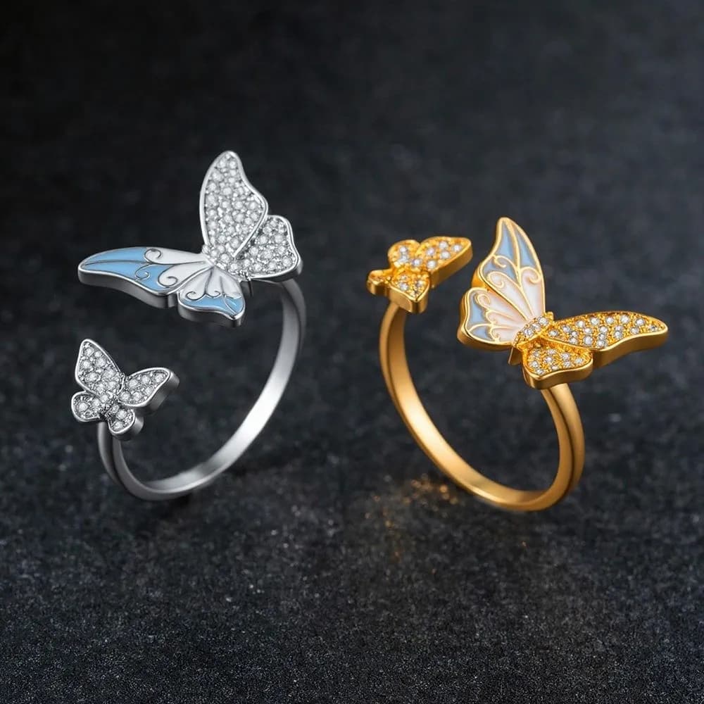 Elegante Anello Aperto a Farfalla in Smalto, Anello di Lusso con Zirconi a Forma di Farfalla, Gioiello Delicato in Lega per Donne