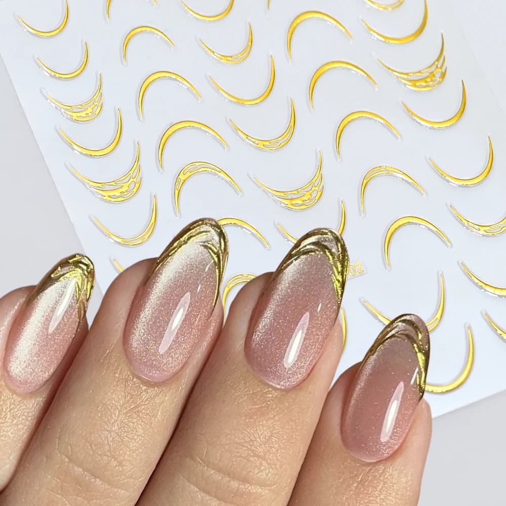 Adesivi 3D per Unghie con Effetto Bronzato Dorato, Design Luna Crescente, Sorriso e Linee a Righe, Decorazioni Eleganti per Manicure Fai-da-Te
