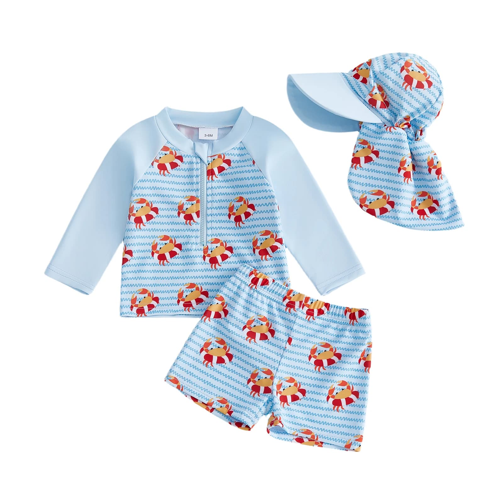 Set rash guard for boys, swimsuit in 3 quick drying pieces, long sleeve top with crab print, bath shorts, sun hat, bathing suit 0-5T