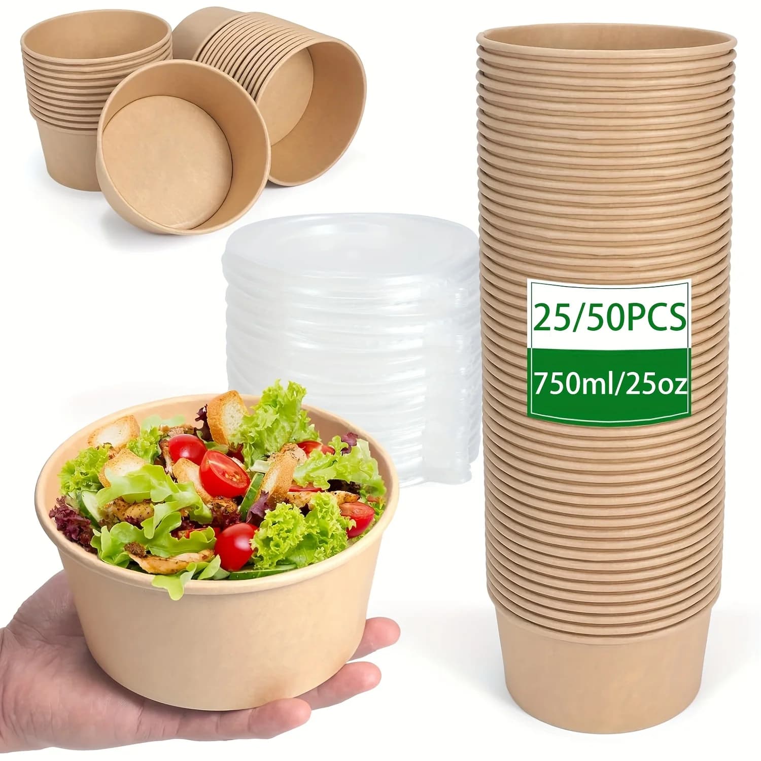 25Oz/750Ml 25/50 Pack Paper Bowls with Lids, Disposable Soup Bowls, Food Containers Lunch Box, Salad Bowls, Meal Prep Bowls