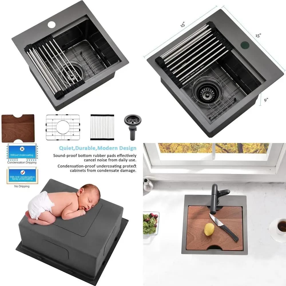 Lavello da Bar in Acciaio Inox 15x15 Pollici con Tagliere per Uso Esterno e Camper