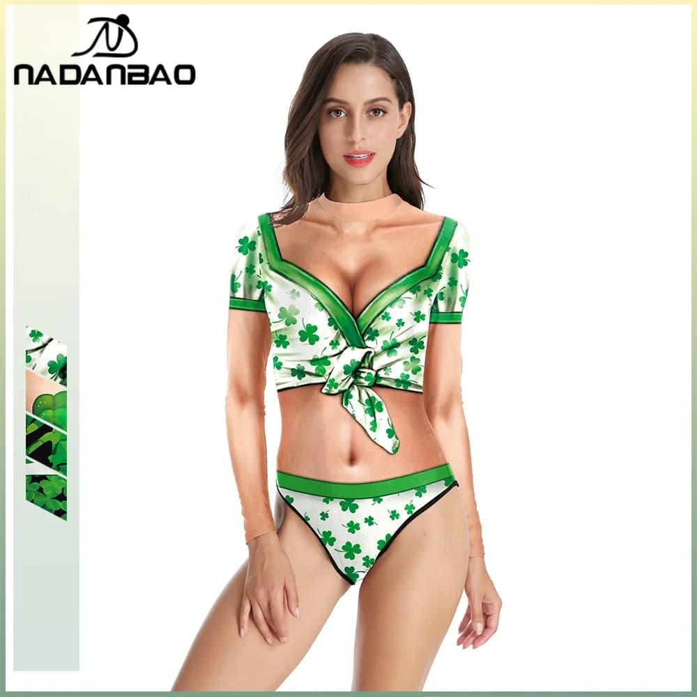 Nadanbao St Patrick's Day Shamrock Print Swimsuit Green Skeleton Stripe Pattern Bodysuit Women's Long Sleeve One-piece Swimwear