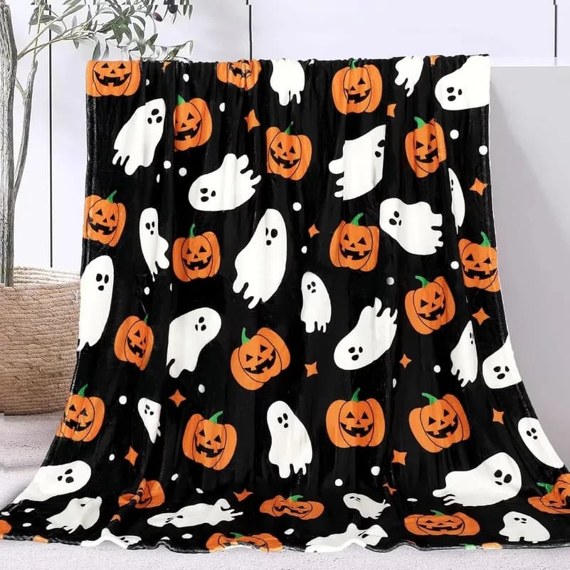 1PC Halloween Theme Throw Blanket, Pumpkin Skull Cute Ghost Print Thin Soft Blanket, All‑Season Gift for Couch Bed Car Home Camp