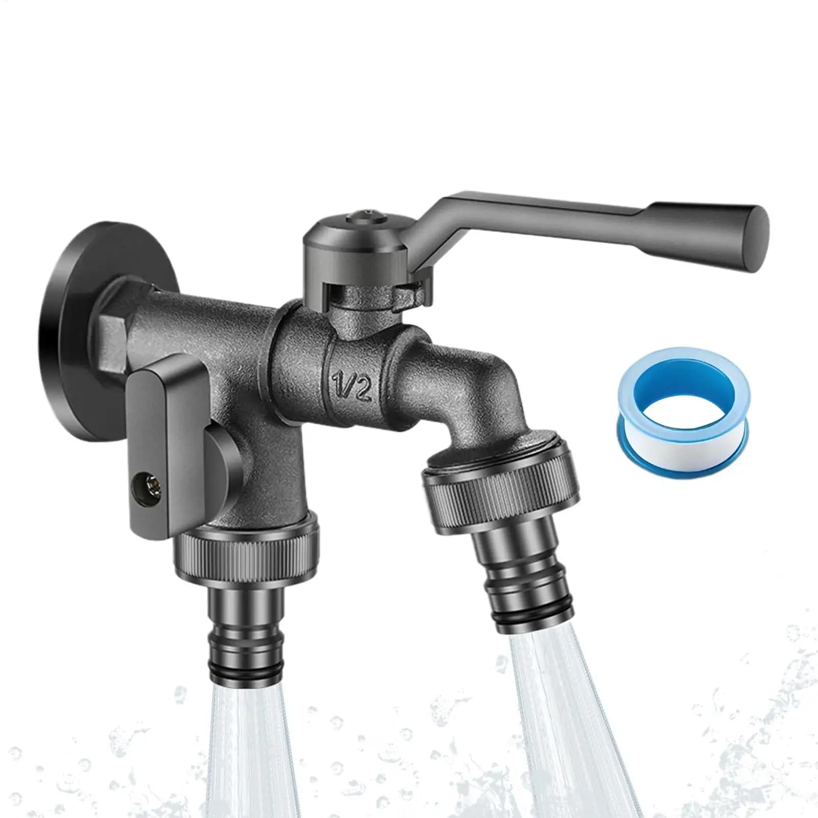 Outdoor Garden Water Faucet Tap Anti-Freeze Bibcocks With Connector 2-Way Outlet For Car Washing Flowers Irrigation Pet Grooming