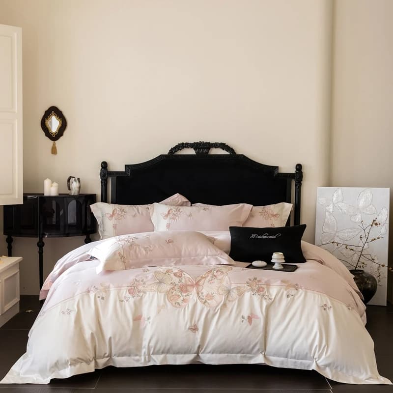 Set of bed linen with butterfly flower embroidery 1000TC Egyptian cotton Blue/Rosa Copripiumino Lenzuolo/Lenzuolo with corners Faithful 4 pieces