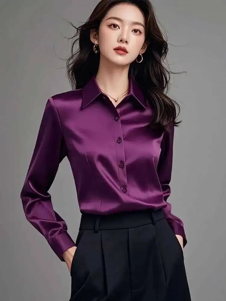 Eleganti Camicie da Ufficio in Seta per Donne, Moda Coreana Y2k, Abbigliamento Slim a Maniche Lunghe, Bianche e Nere, Bluse da Lavoro