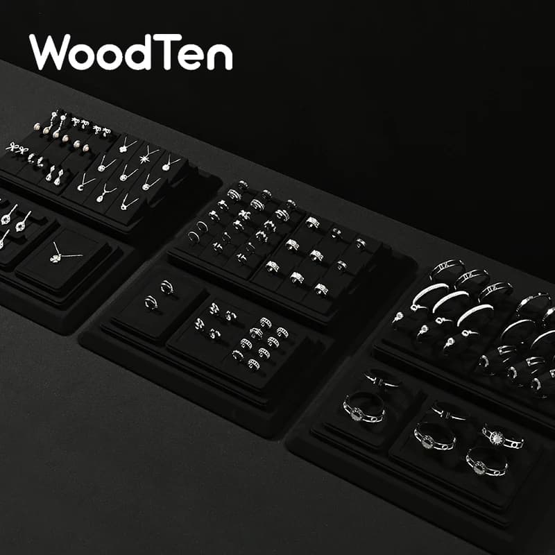 WoodTen esposizione di gioielli in microfibra nera puntelli anelli orecchini collane espositore negozio di gioielli bancone finestra che mostra Stand