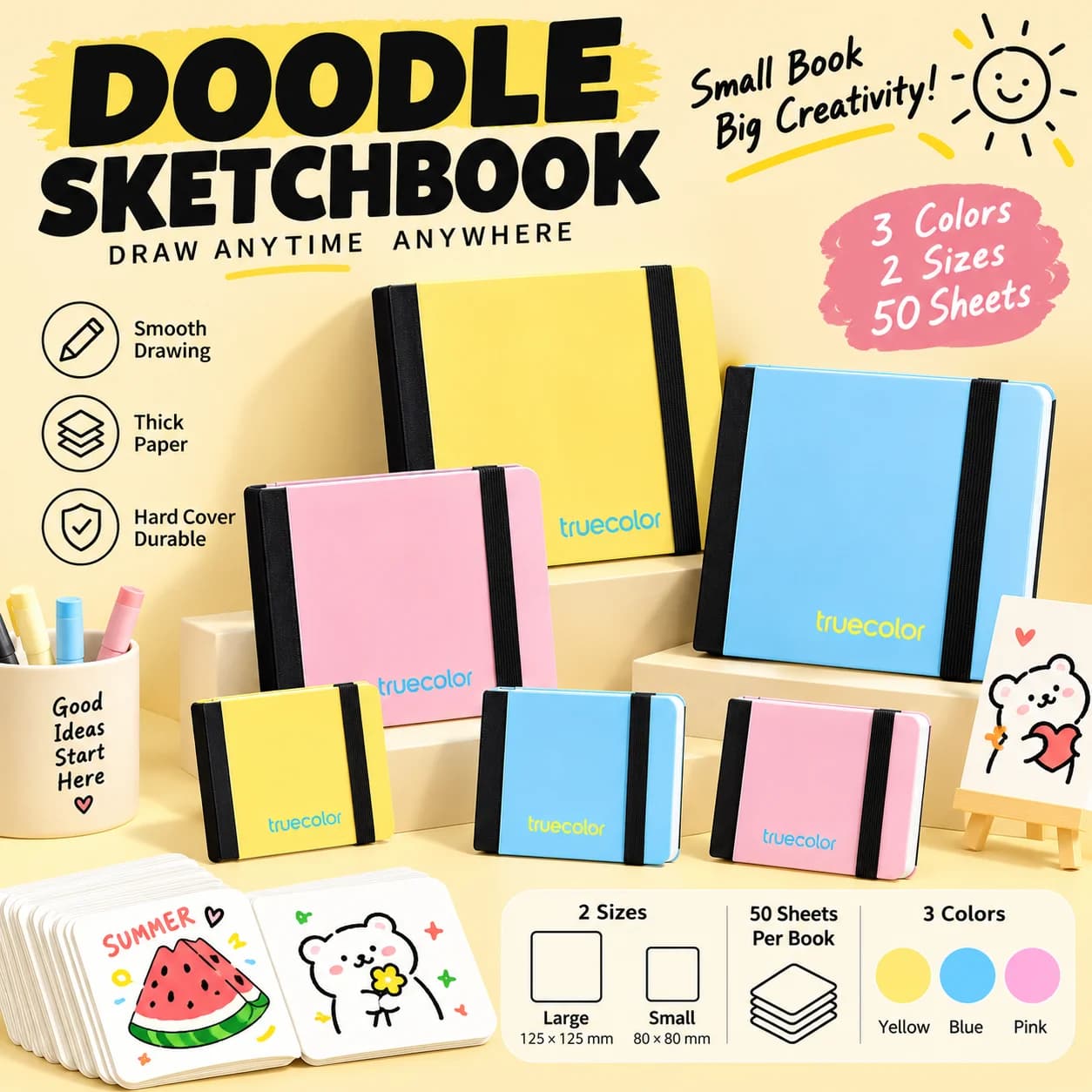 Square Sketchbook 100 Pages Thick Paper Mini Drawing Notebook 80mm 125mm Yellow Blue Pink For Markers Doodle Art Students Artist
