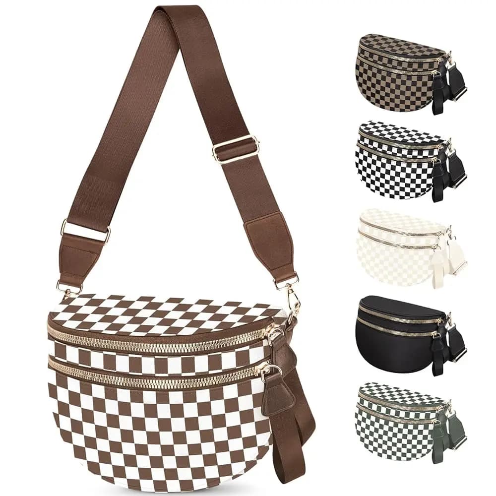 Spaziosa borsa a tracolla in nylon a quadretti per donna, borsa a tracolla alla moda con tasca antifurto, regolabile