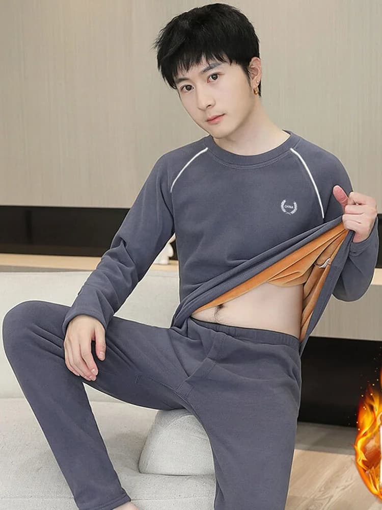 Men's hot underwear set, crew neck, German velvet, fleece lined, autumn clothing, long sleeves, long trousers, for young students