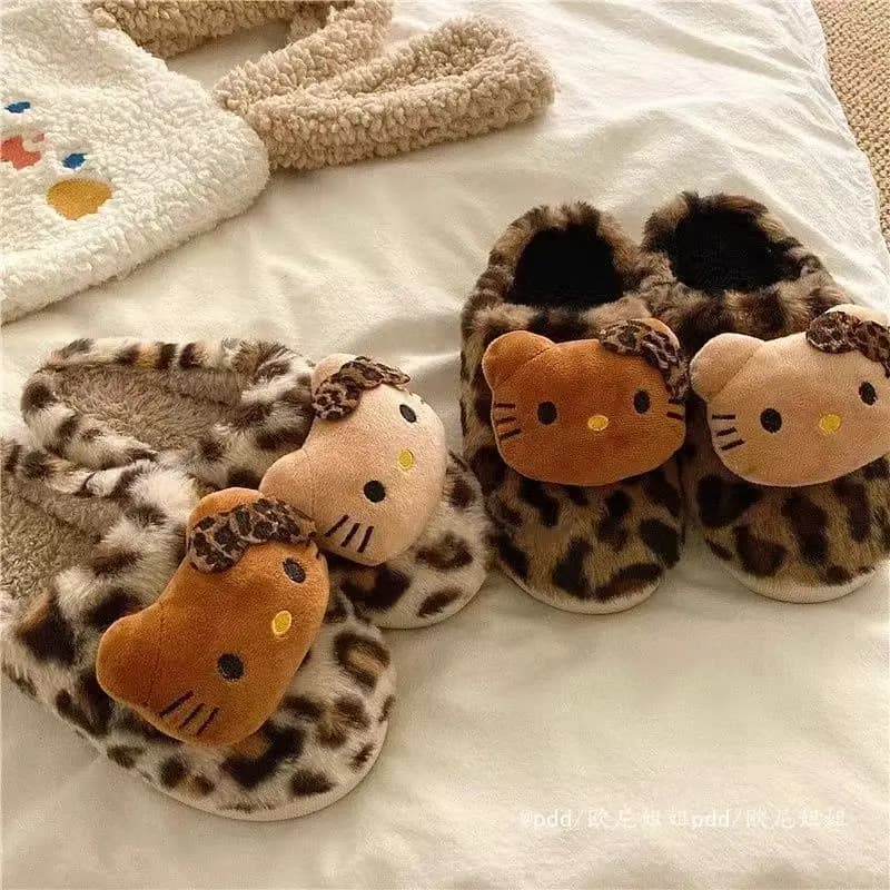 Pantofole da donna Kt in saldo, modello gatto leopardato, invernali, da casa, per coppia, calde, antiscivolo, in peluche e cotone, con suola spessa, ideali come regalo