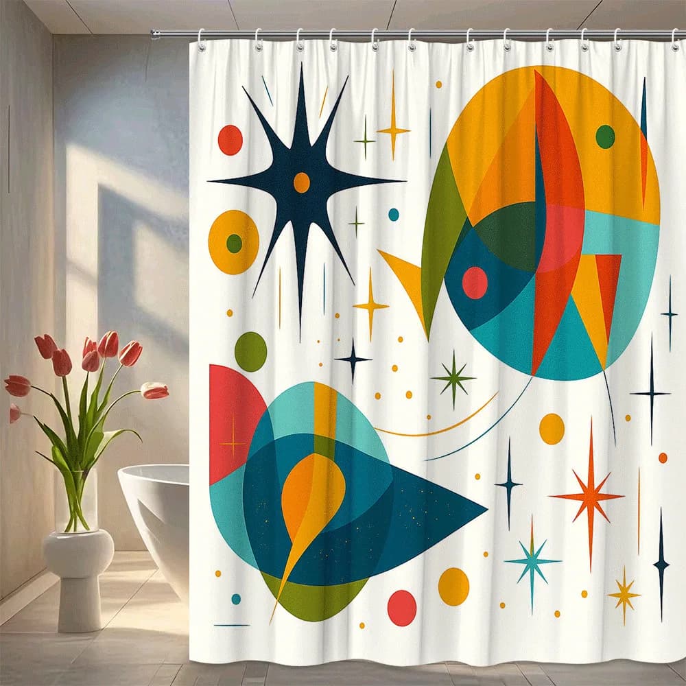 Tenda da doccia moderna e colorata con design astratto per l'arredamento del bagno, impermeabile in poliestere, lavabile in lavatrice con ganci