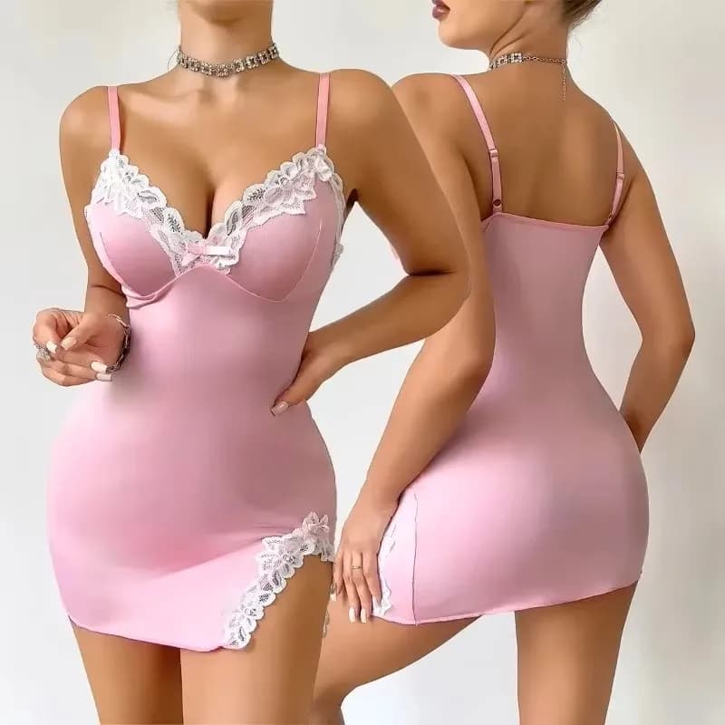 Camicia da notte da donna calda estiva seducente rosa con scollo a V profondo senza maniche moda pigiama da notte in pizzo abito da donna lingerie camicia da notte homewear