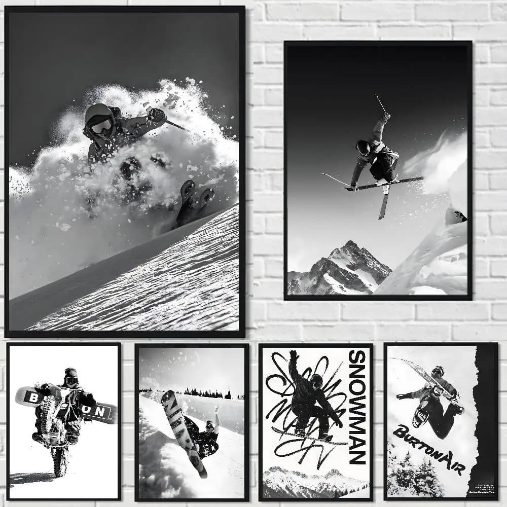 Black White Vintage Ski Photo Art People Skiing Jumping Snow Mountain Fashion Poster Canvas Wall Art for Living Room Home Dec