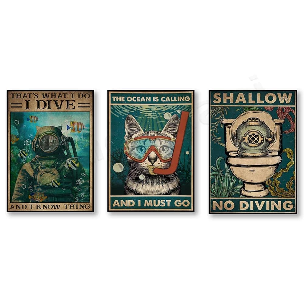 The ocean is calling, I have to go poster, this is what I dive and what I know, fun shallow water bathroom decor, cute cat poste