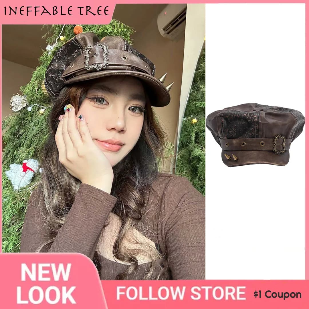 Y2K Steampunk cappello militare in pelle PU Punk Retro vecchio rivetto Casquette Baker Boy Cap berretti ottagonali con visiera per uomo donna Gorro
