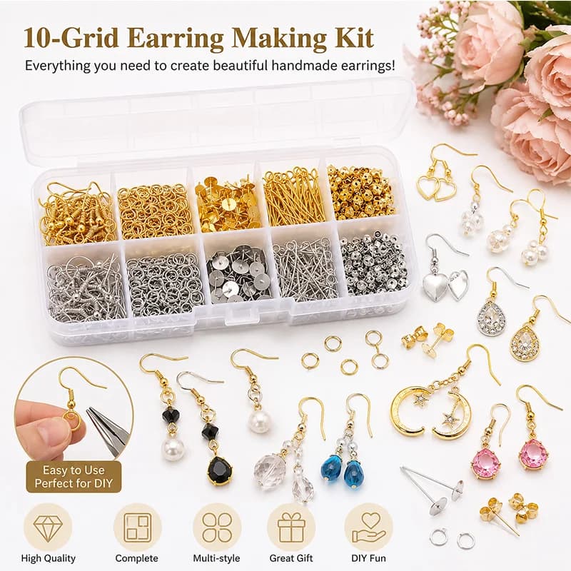 Set di 1 Scatola con Ganci per Orecchio e Anelli Singoli a 9 Pin, Materiale per Creazione di Gioielli Fai-da-Te e Accessori per Orecchini