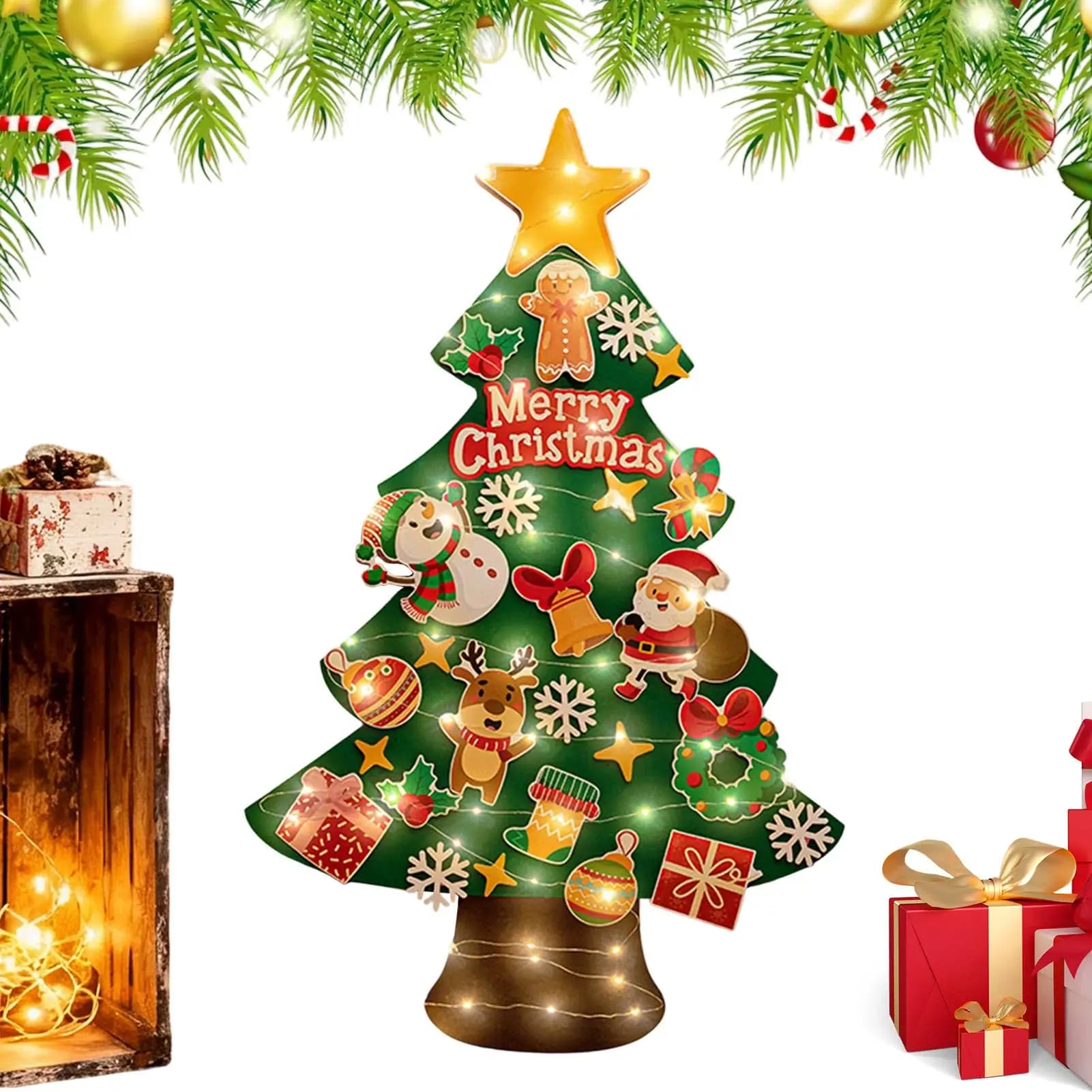 Albero di Natale per bambini con stringa di luce da 9,8 piedi LED Artigianato Albero di Natale da parete in feltro per la camera da letto Asilo nido per interni ed esterni