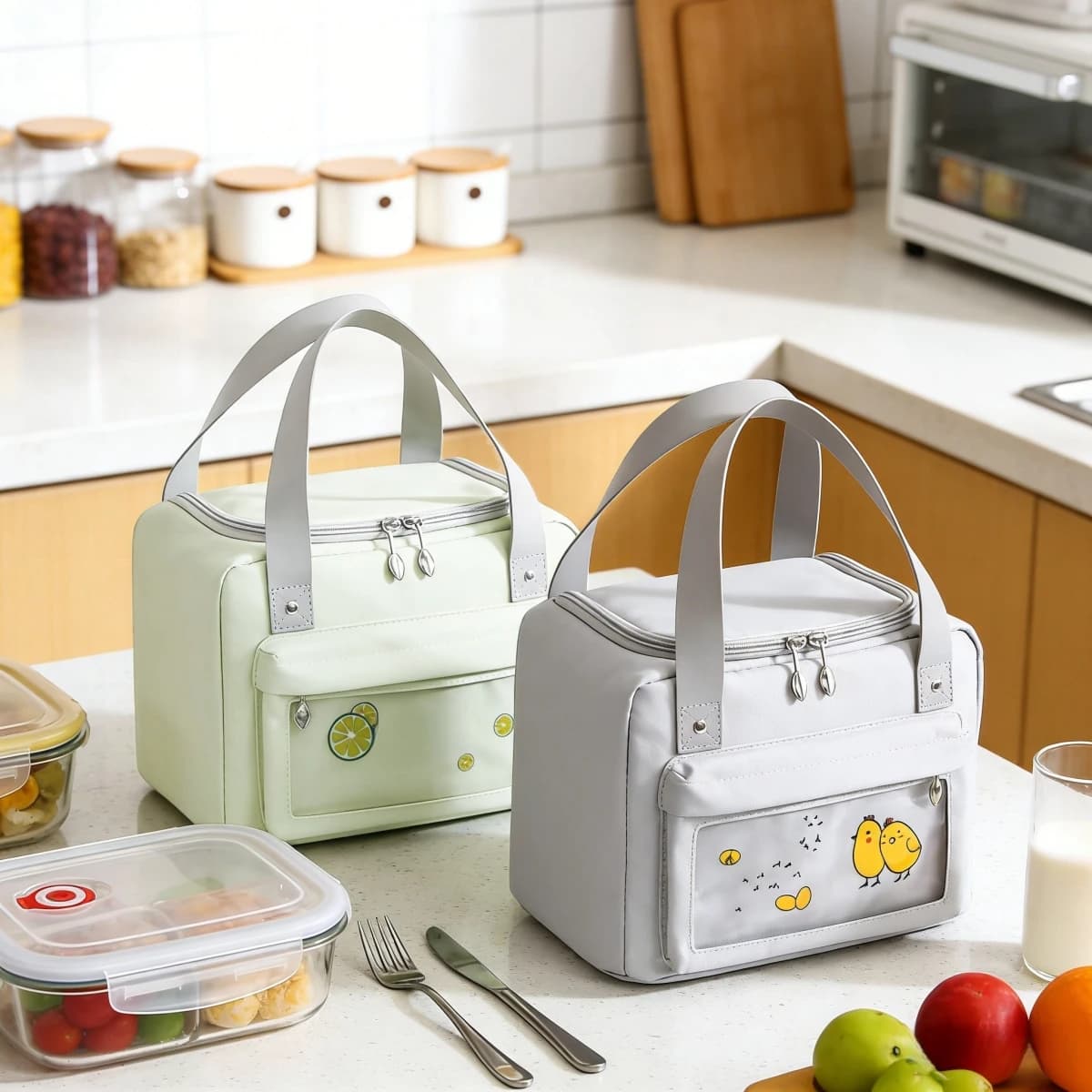 Borsa per il pranzo in tessuto Oxford Beige/Viola/Rosa/Grigio, Borsa Termica per Alimenti con Isolamento in Alluminio, Contenitore Termico per il Pranzo per Donne, Uomini, Studenti