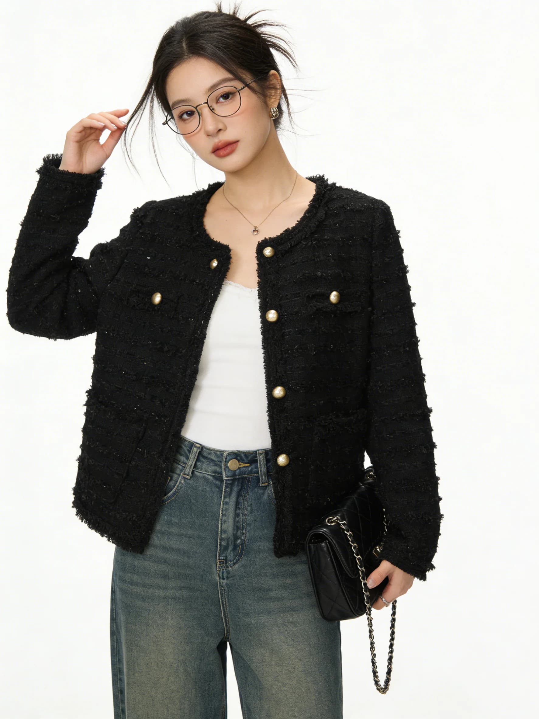 Elegant Short Quilted Tweed Jacket Versatile Little Black Dress Style Spring 2026 Women's Fashion Breathable Long Sleeve Coat