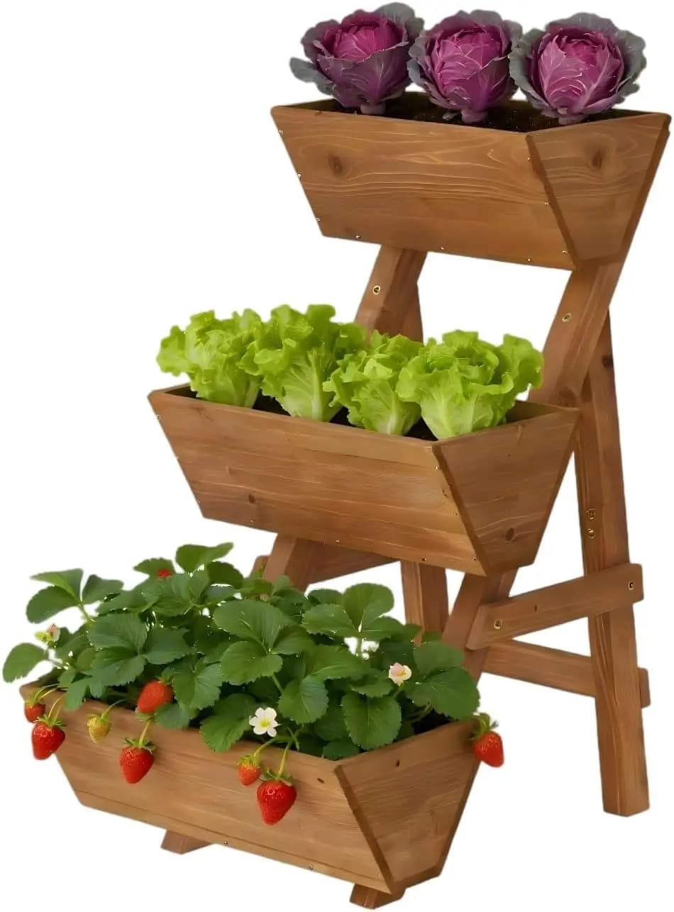 Fioriera Rialzata in Legno a 3 Livelli, Vaso per Fiori, Fioriera Verticale, Supporto per Piante in Legno per Verdure, Fiori ed Erbe Aromatiche