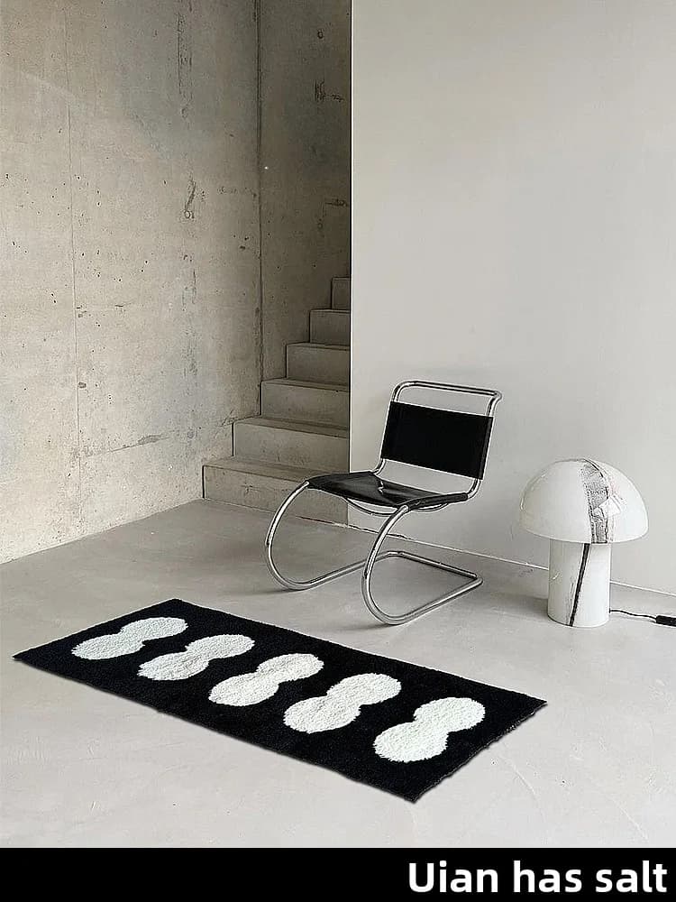 Tappeto Moderno Minimalista in Stile Bianco, Nero e Crema, Antiscivolo per Camera da Letto e Soggiorno, Tappetino da Comodino con Motivo Geometrico in Materiali Misti