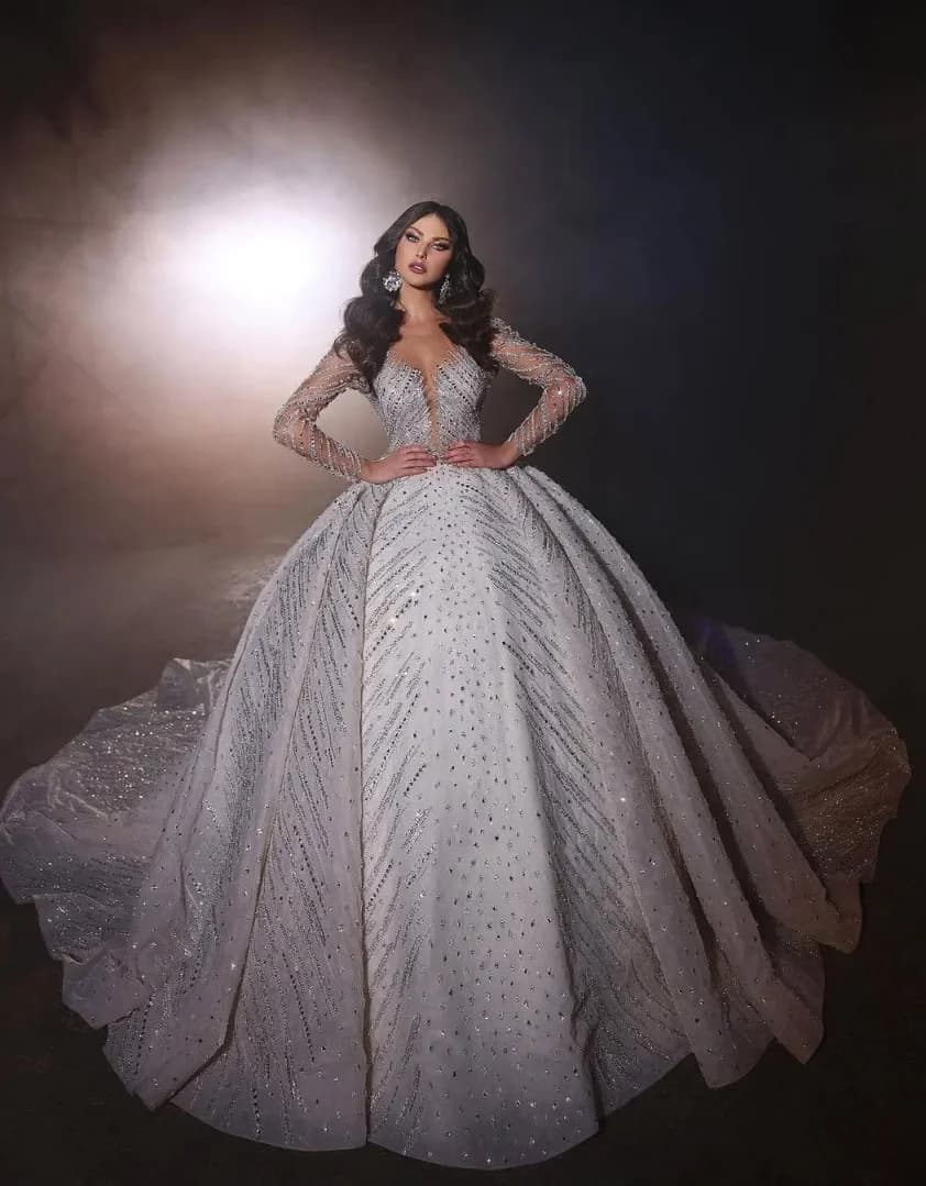 Abito da sposa di lusso con abito da ballo con maniche lunghe con paillettes scintillanti Abito da sposa principessa sposa Abiti da sposa personalizzati