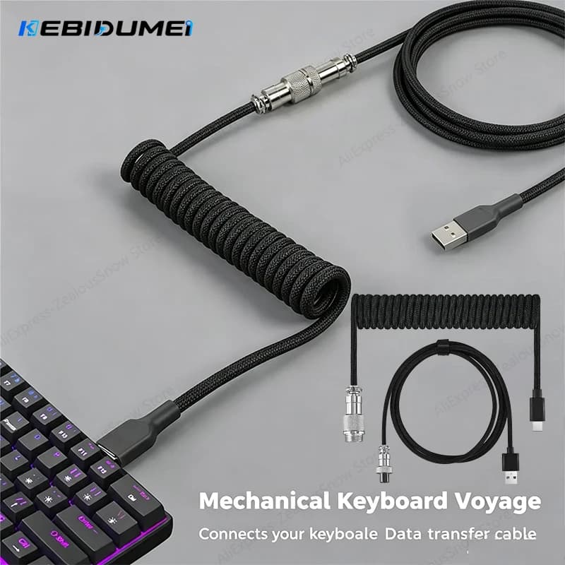 KEBIDUMEI Mechanical Keyboard Coiled Cable USB Type C Hardware Linker Aviation Braided Cable Spiral Gaming Wired Keyboard Cable