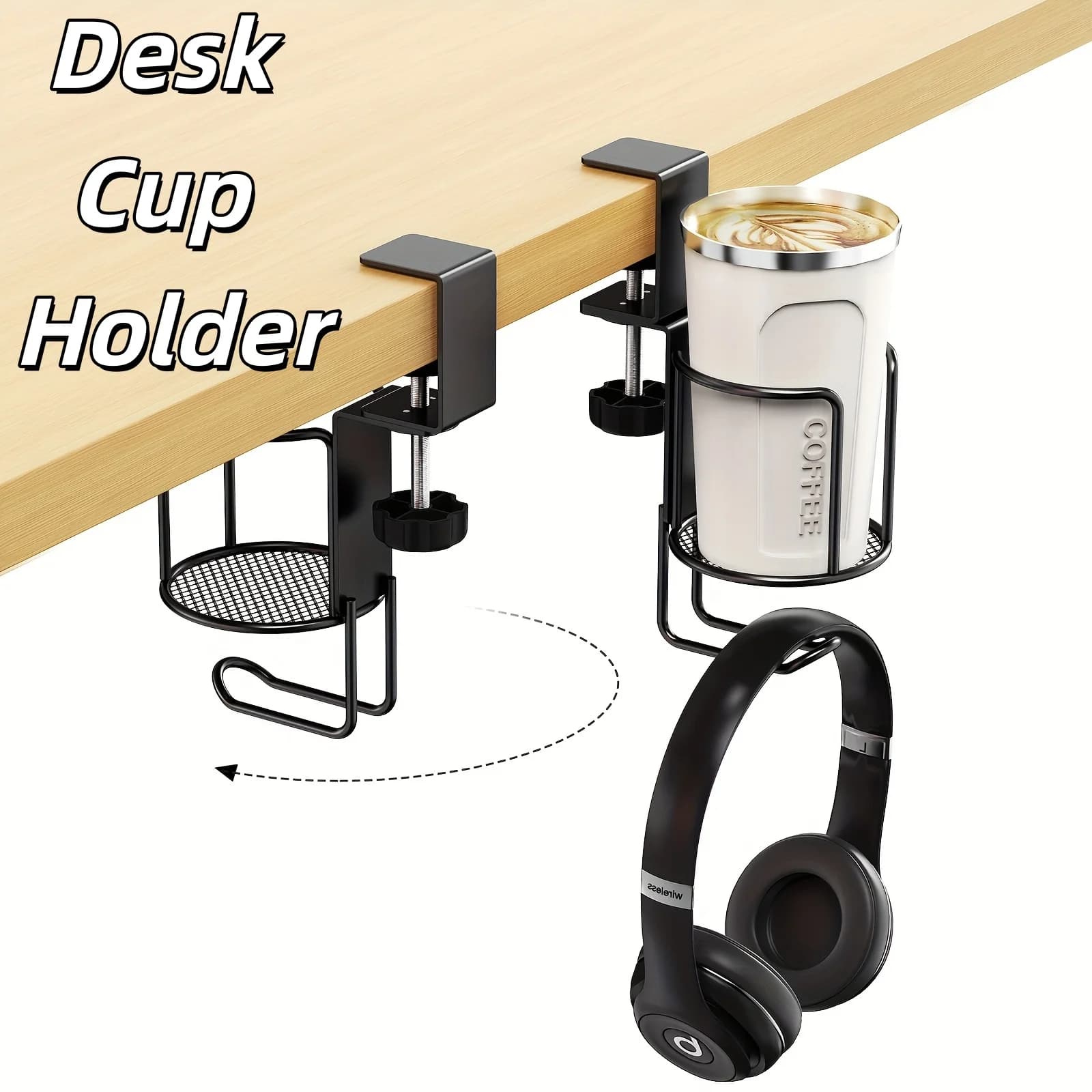 2in1 Desk Cup Holder Adjustable Office Desktop Cup Holder 360 Degree Rotating Table Edge Clamp Anti-Fall Cup Stand With Hooks