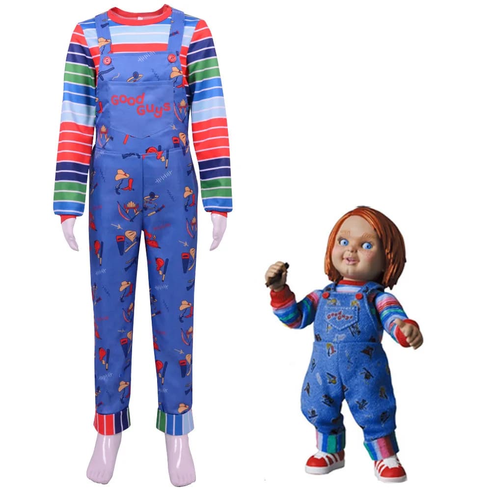 Movie Horror Chucky Adult Chucky Cosplay Costume with Striped Shirt and Jumpsuit for Chucky Overalls Halloween Costumes