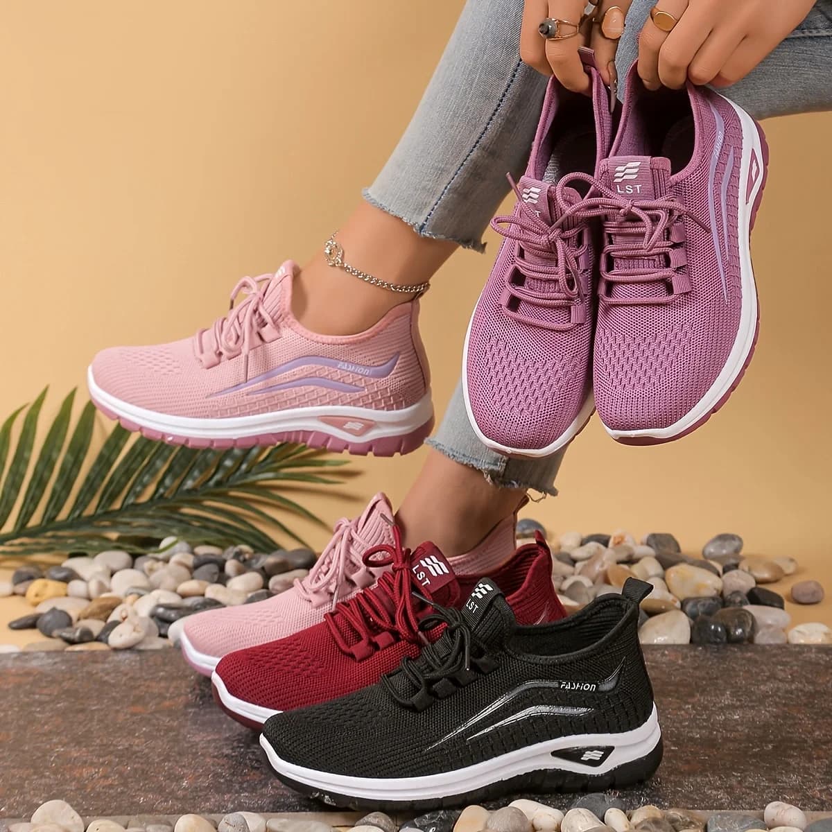 Grid Hole Ventilated Mesh Sport Flats, Matching Fabric Tied Laces, Thick Serrated Edge Midsole Stroll Leisure Footwear