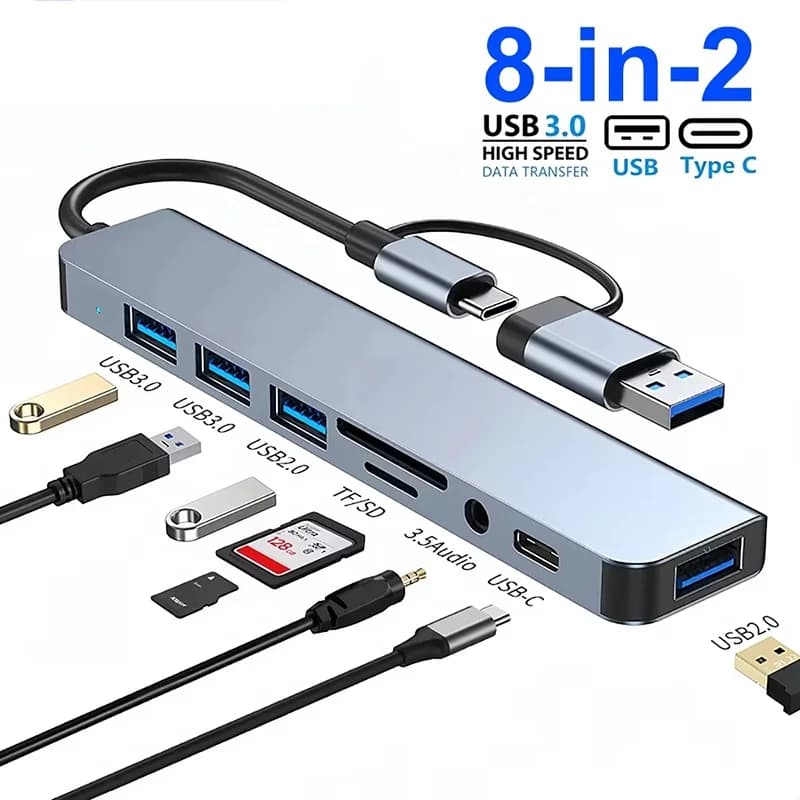 Hub USB Type-C 8 in 1, docking station multiporta con adattatore Type-C, jack da 3,5 mm, lettore di schede SD per computer, laptop e PC