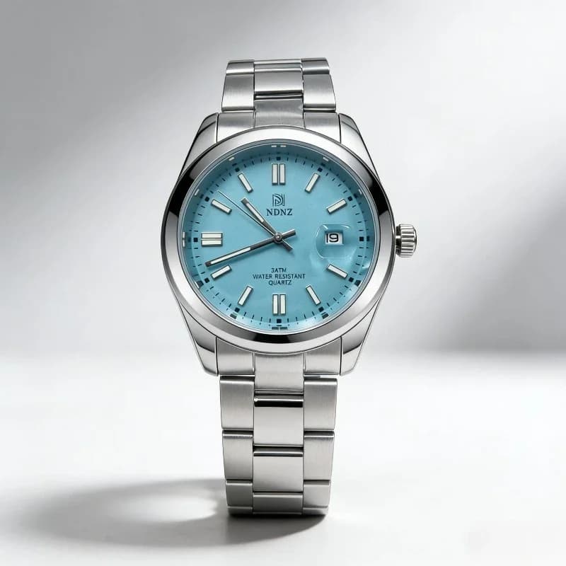 Orologio da Polso da Uomo con Quadrante Azzurro, Movimento al Quarzo, Impermeabile 3ATM, Cinturino in Acciaio Inossidabile, Display Data, Stile Business Casual