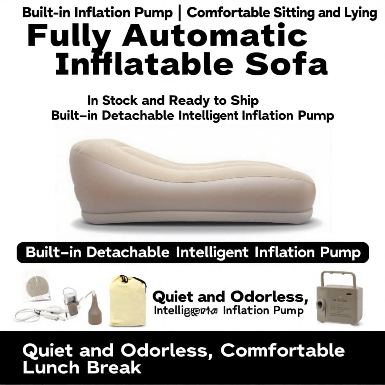 Fully Automatic Inflatable Sofa with Built-In Detachable Pump, Quiet, Odorless, Portable Lounger for Office Lunch Break, Home Living