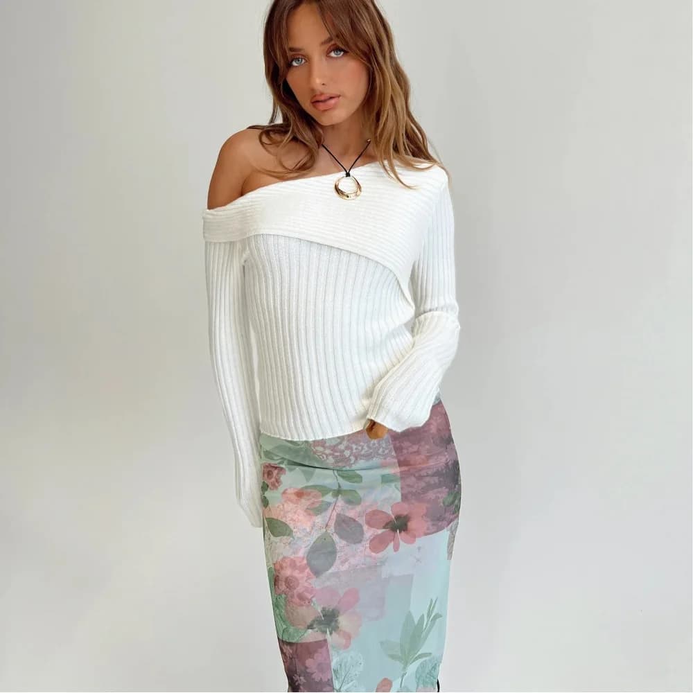 Best Seller Autunno Inverno Maglione slim fit sexy francese in stile occidentale - Colletto alla Peter Pan asimmetrico con spalle scoperte a costine Solido lungo-