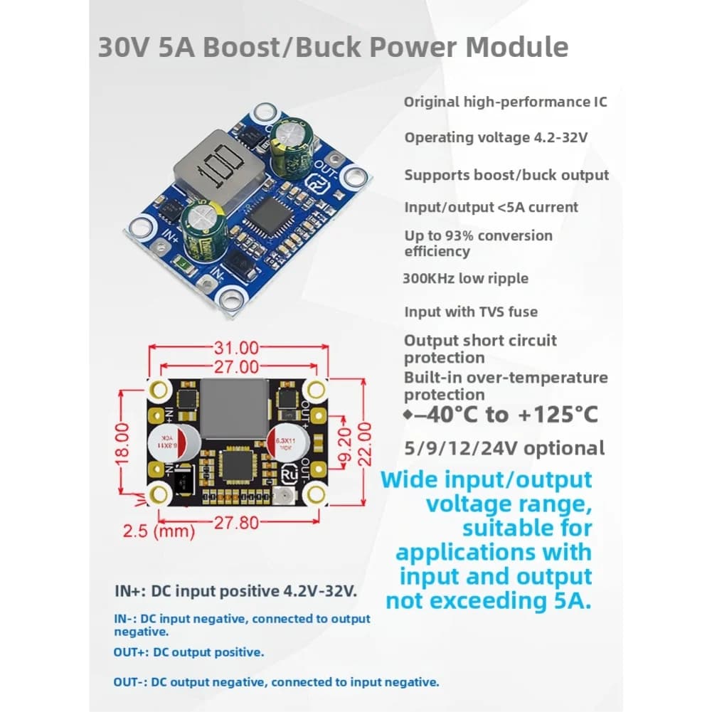 Step-up/step-down automatic voltage regulator DC 5A Input Lift Pressure Plate 4,2-28 V for various power supply