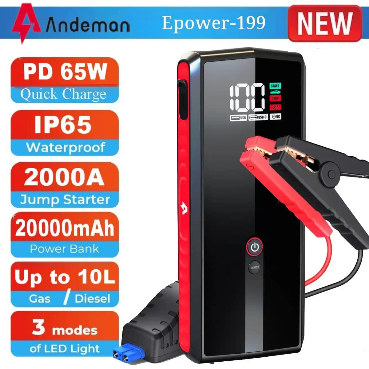 Andeman 20000mAh caricabatterie di avviamento per auto 2000A dispositivo di avviamento di emergenza portatile PD65W dispositivo di corrente di avviamento a ricarica rapida