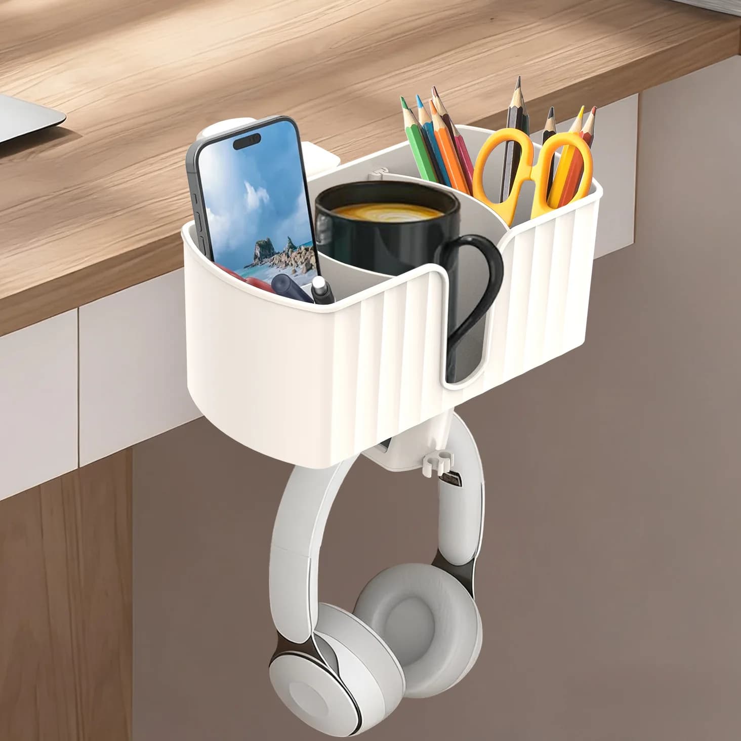 Multifunctional Desk Organizer Clip-on Removable Pen Cup Holder Headphone Stand Detachable Divider Storage Box for Office Study