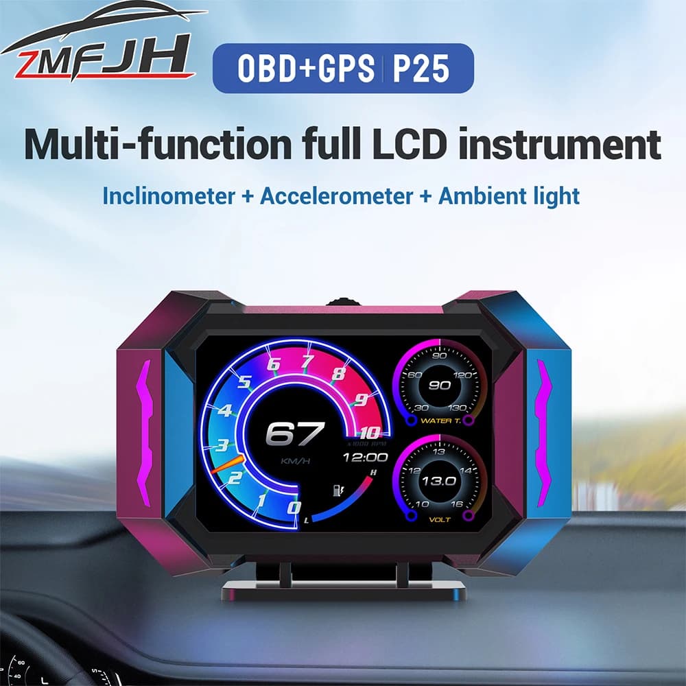P25 Auto OBD2 Head Up Display GPS Misuratore di pendenza Accelerometro Auto Tachimetro digitale RPM Temperatura dell'acqua Proiettore LCD Personalizzato